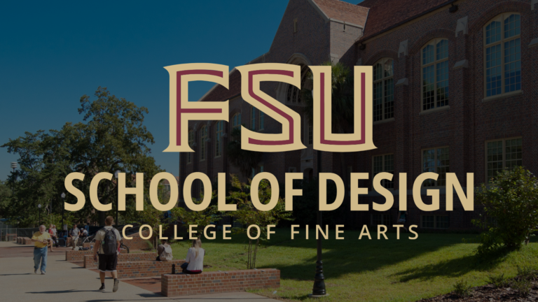 FSU School of Design logo in gold and garnet, overlayed on a darker image of a large brick building